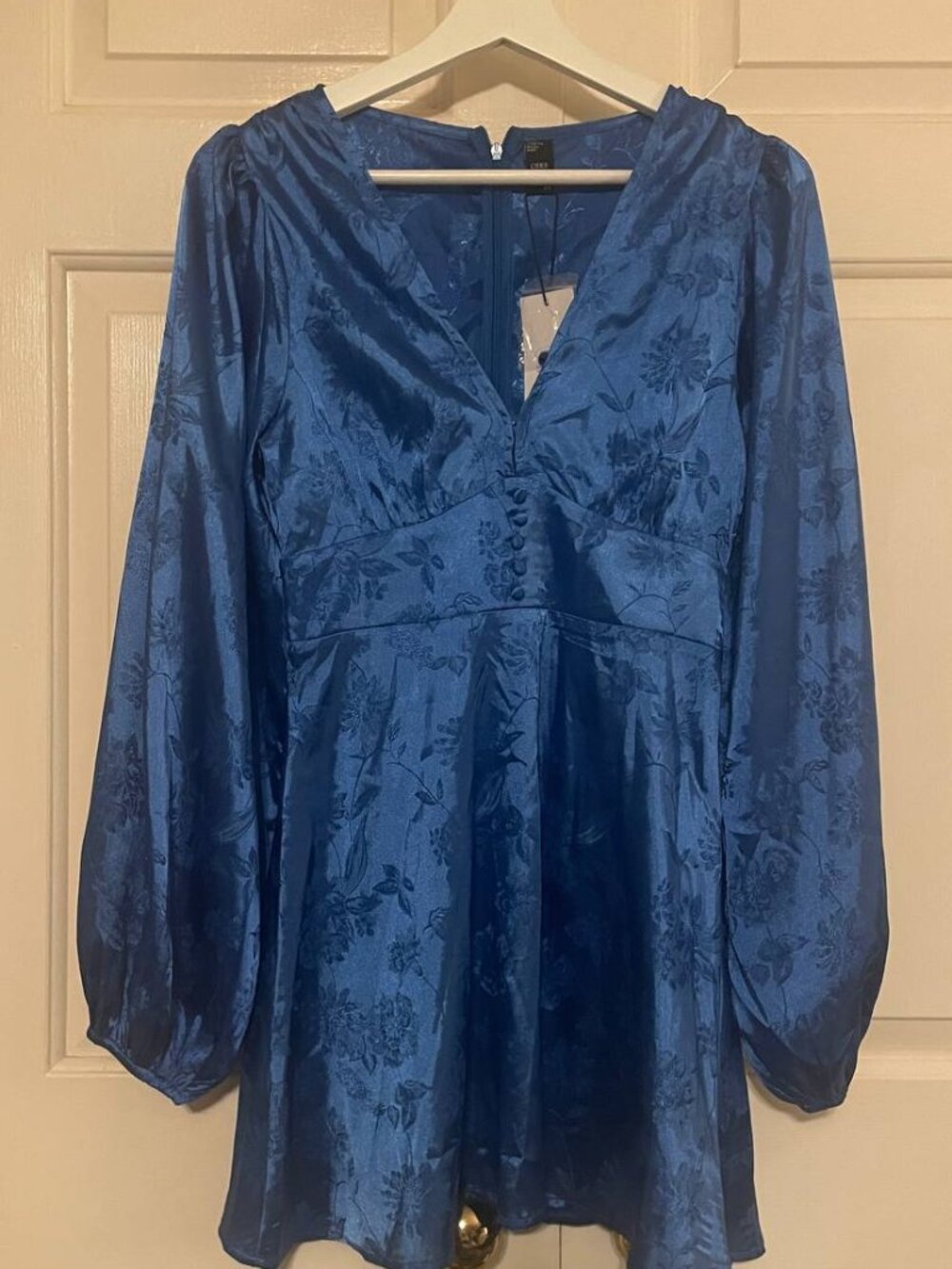 NWT CIDER Coquette Blue Floral Jacquard Mini Dress Romantic Balloon Sleeve Party